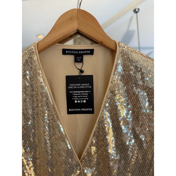 Boston Proper Gold Sequin Surplice‎ Wrap Blouse Sz M Sparkly Glam Disco - Picture 3 of 7